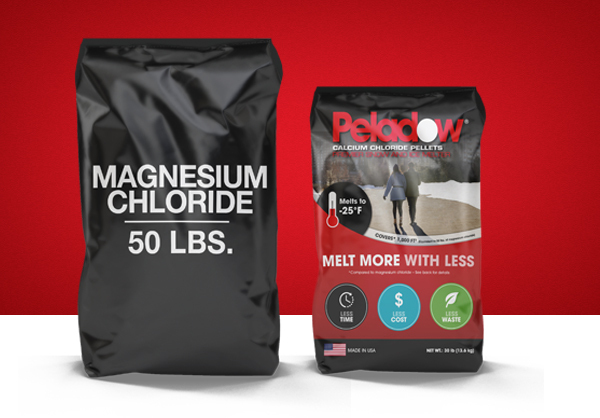 50 lbs of Magnesium Chloride vs. 30 lbs of PELADOW