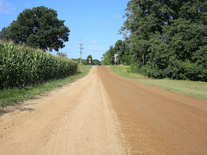Dirt road with DOWFLAKE used for dust control on one side of it.